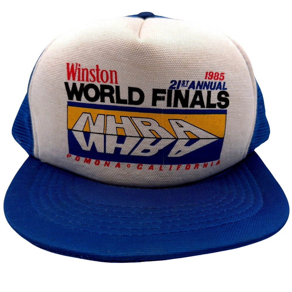 Vintage Winston World Finals Trucker Hat 1985 NHRA Pomona California Blue Mesh